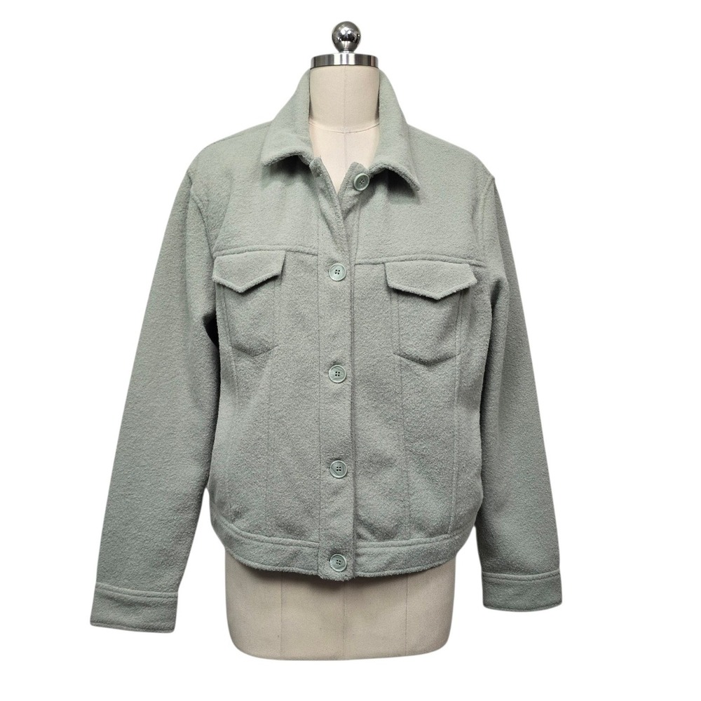 Joie Women Sage Green Faux Shearling Button Front Trucker Jacket XL Shacket